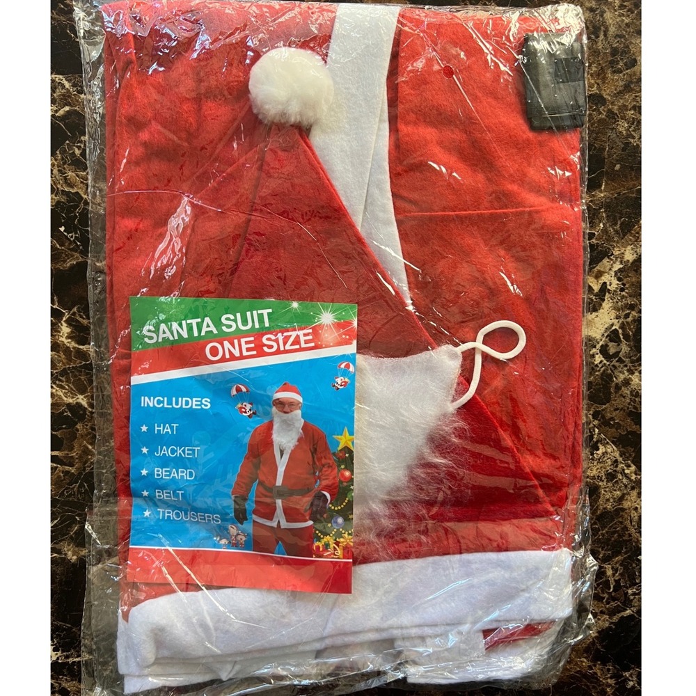 Mens Santa Suit, One Size, Red Hat-Jacket Belt -Trousers-Beard Christmas Costume